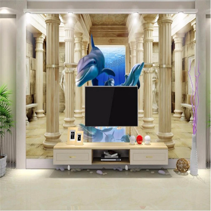3d фотообои на заказ Европейский Летающий дельфин римская колонка простая