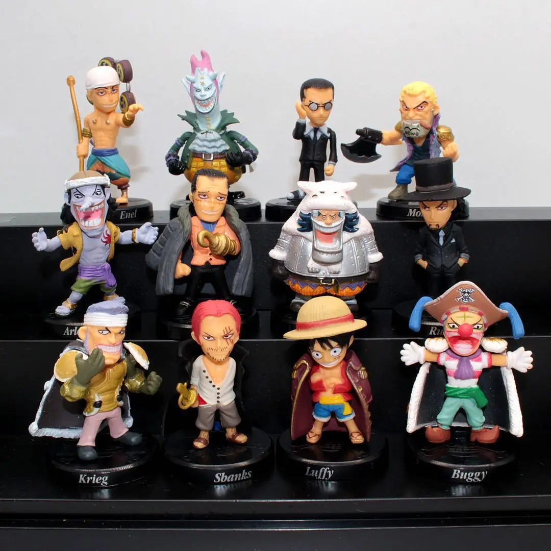 

[Funny] 12pcs/lot Anime Q version One piece Luffy Krieg Sbanks Buggy Enel PVC Figures dolls Collectible model Toy kids gift