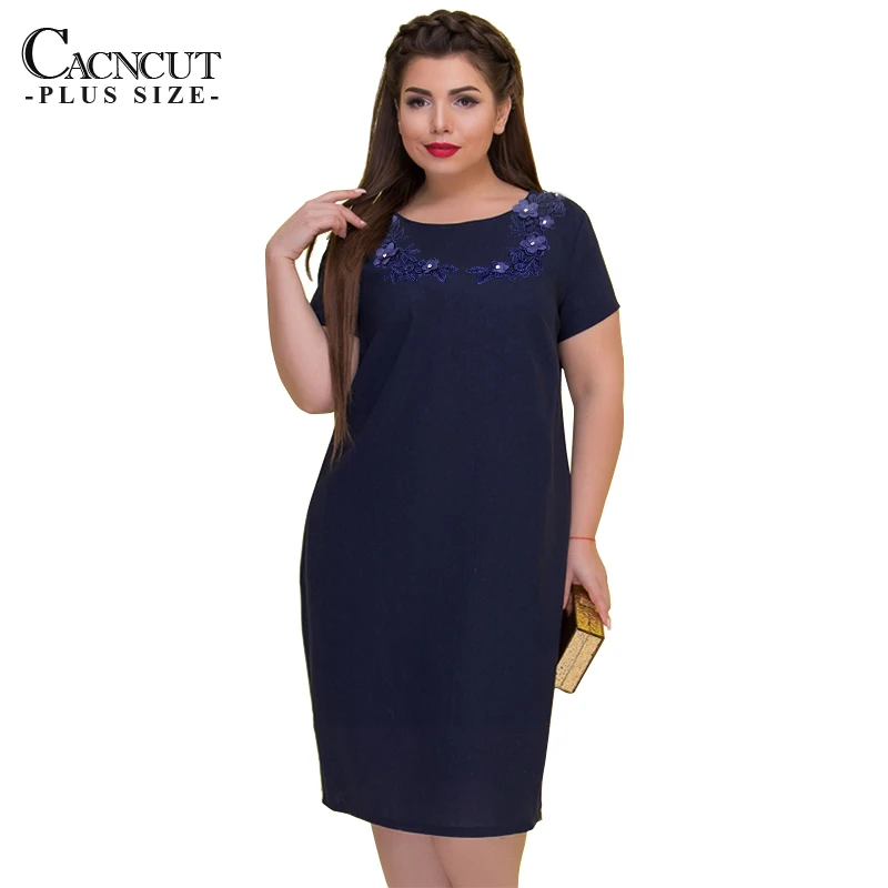 dark blue Весенние свободные женские платья большого размера 5xl 6xl размера плюс платье с коротким рукавом офисное платье миди большого размера элегантное вечернее платье - Цвет: dark blue