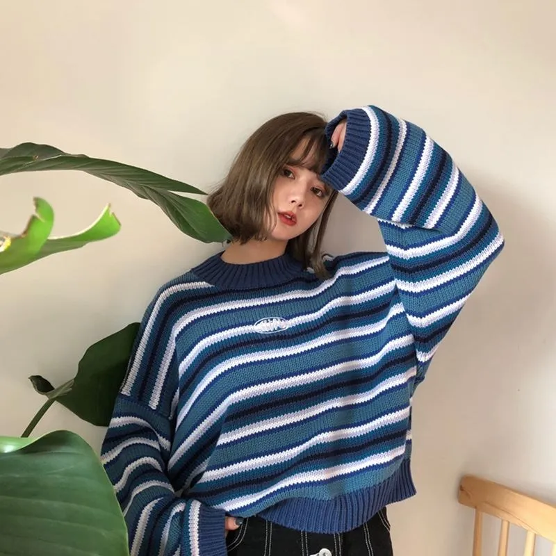 Female Korean Harajuku Clothing For Women Loose Wild Striped Student Sweater Women's Sweaters Kawaii Ulzzang Pullover Jumper | Женская