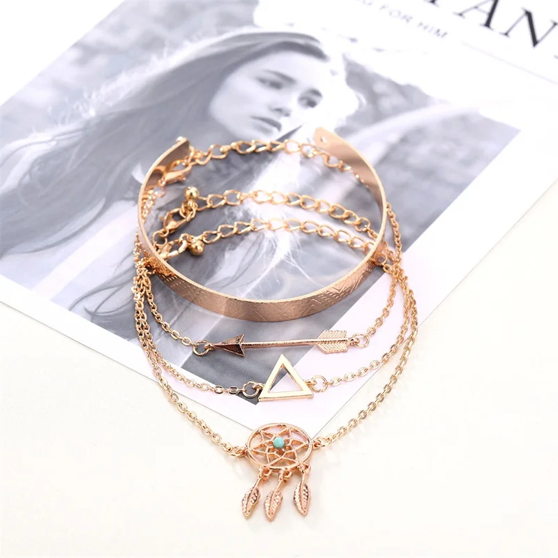 KISSWIFE 4 Pcs/Set Vintage Geometric Arrow Crystal Chain Gold Bracelets Ladies Bohemian Beach Bangle Jewelry | Украшения и