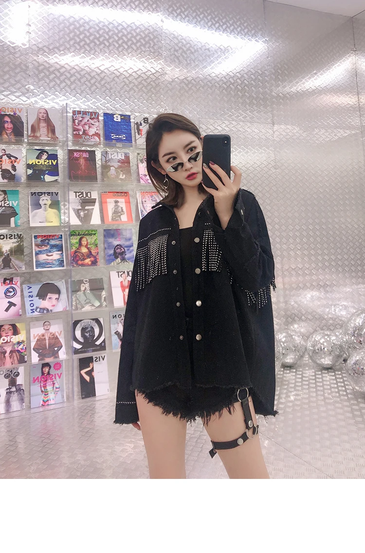 Женское Асимметричное пальто с бахромой черное свободное повседневное длинными