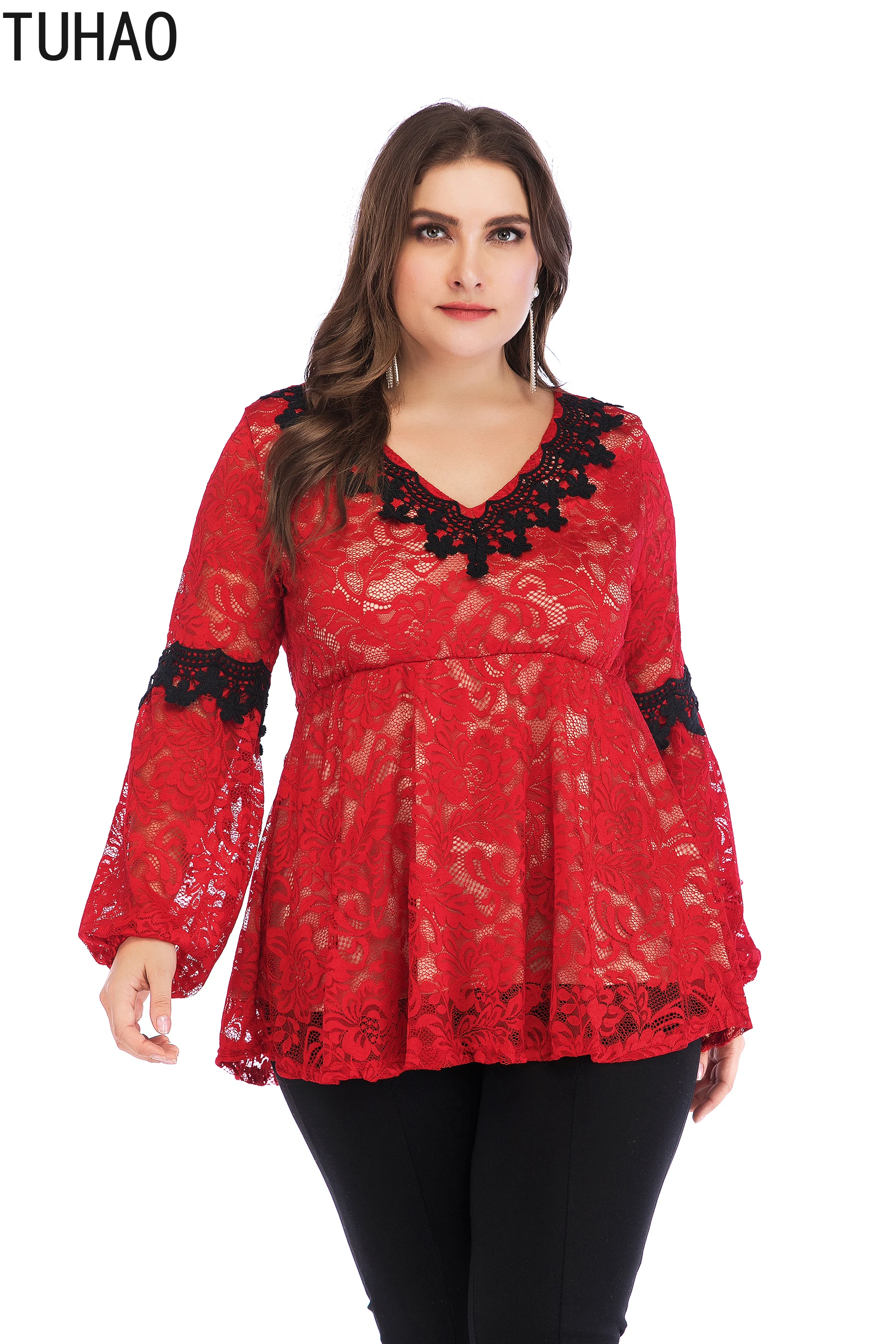 TUHAO Lantern Sleeve Red Lace Women Blouse Plus Size WOMENS Office Lady Elegant Female Large Sexy Party Shirts Tops | Женская одежда