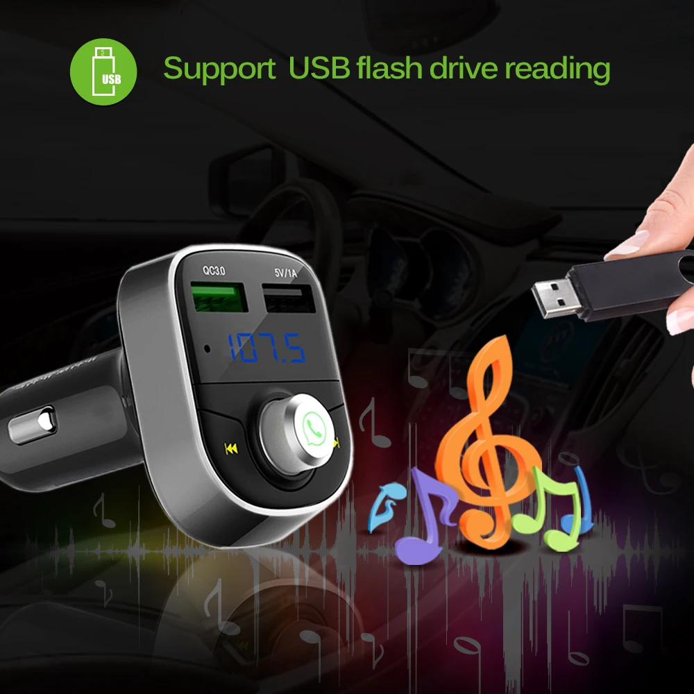 FM трансмиттер автомобильный с двумя USB портами и поддержкой музыки|fm transmitter|bluetooth