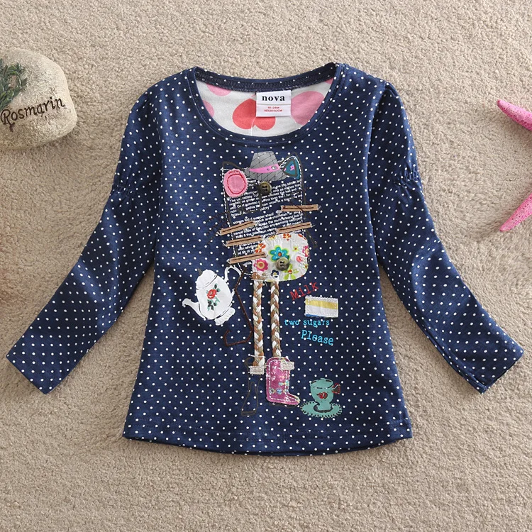 Одежда для девочек neat Nova/детская одежда из хлопка с круглым вырезом; модная футболка с длинными рукавами в горошек и вышивкой для девочек; F2101