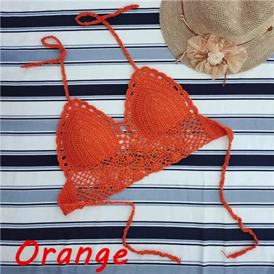 Orange Top Ручной работы крючком кружева вязать бюстгальтер купальники пляж пуш-ап бикини набор Холтер Cami Tank Crop Top - Цвет: Orange Top