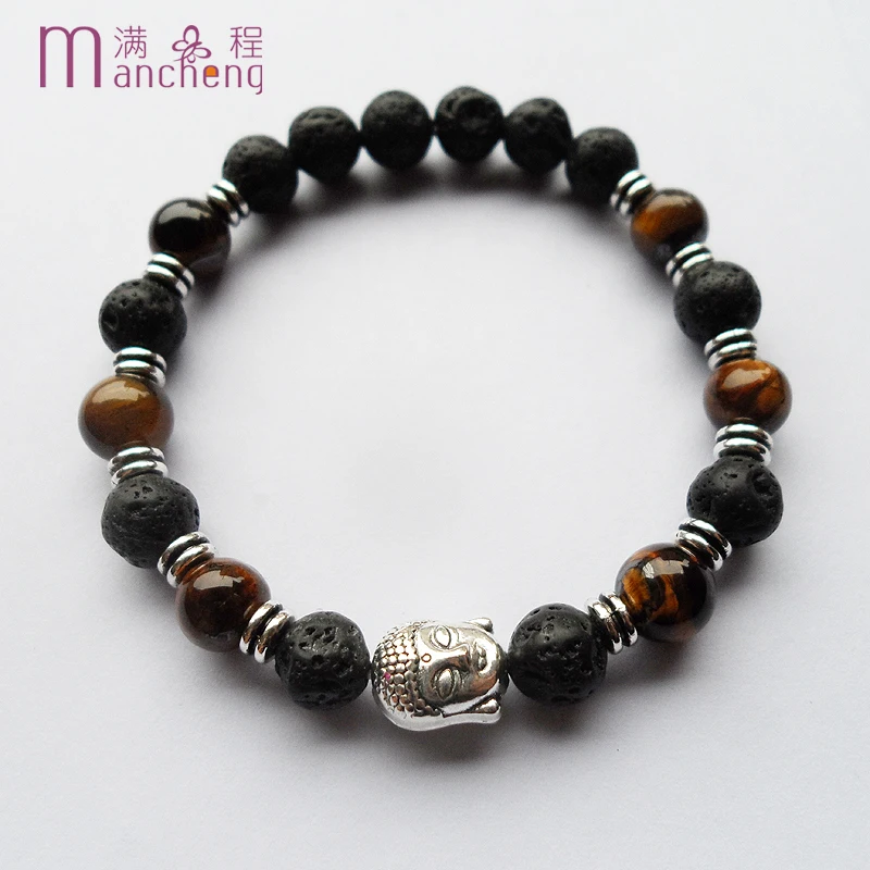 

Free shipping New design Ancient silver plated Tiger eyes Volcanic Lava Buddha head bracelet black buddha Yoga bracelet Good