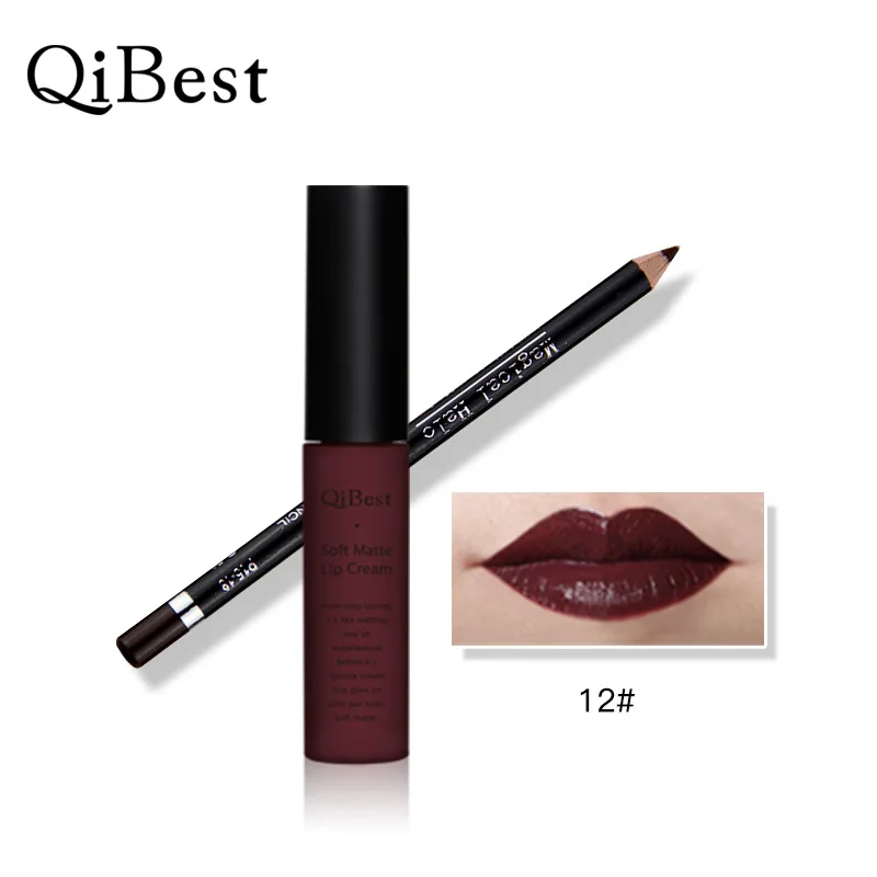 Qibest 14 цветов moisure fadeless матовый блеск для губ и карандаш водонепроницаемый жидкая