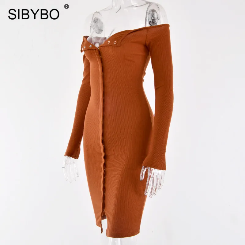 Sibybo, без бретелек, однобортное, сексуальное платье для женщин, осень, с открытыми плечами, с длинным рукавом, повседневное, бодикон, платье с открытой спиной, Клубные, вечерние платья