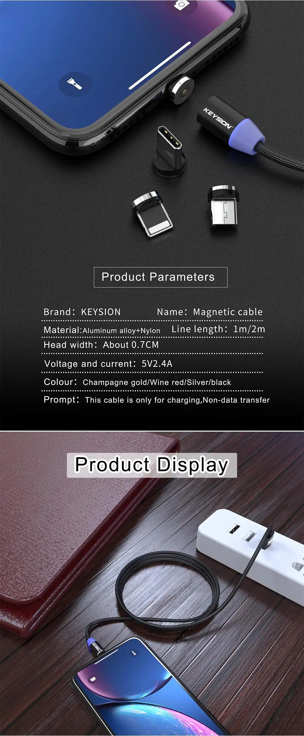 KEYSION type-C светодиодный магнитный кабель для Xiaomi mi 9T Pro mi 9 SE Red mi K20 Note 7 Pro 1m 2m 2A кабель для быстрой зарядки type-C для Poco F1