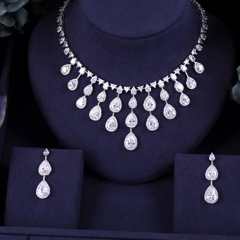 Jankelly латунные Прозрачные Свадебные комплекты из кубического циркония ожерелье