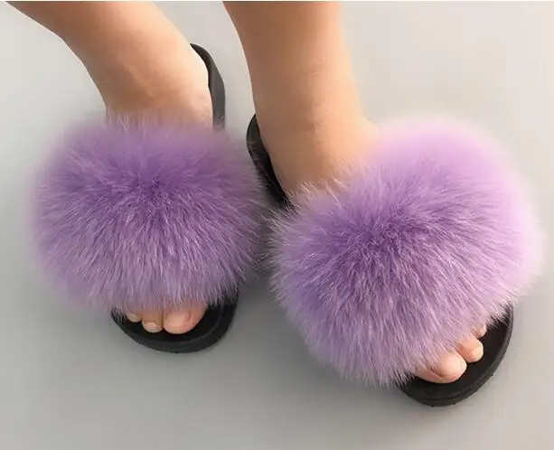 light purple FXFURS/Новинка года; женские тапочки с натуральным лисьим мехом; летние модные меховые сандалии; обувь из пушистого плюша; Вьетнамки с мехом енота; Домашние шлепанцы - Цвет: light purple