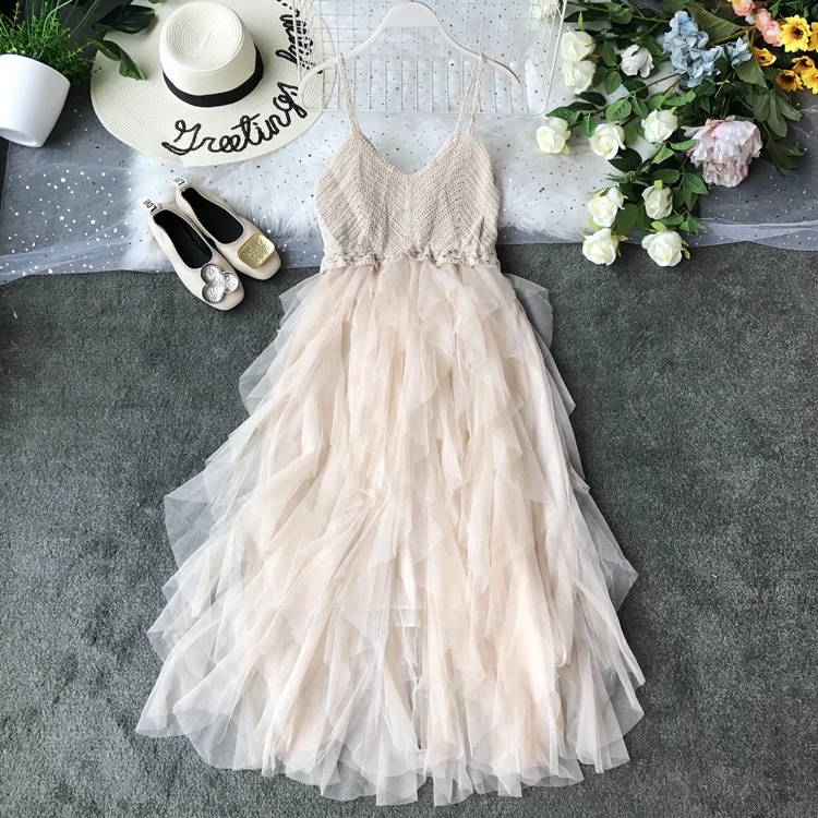 Женское вязаное Сетчатое платье ALPHALMODA игривое на бретельках с оборками