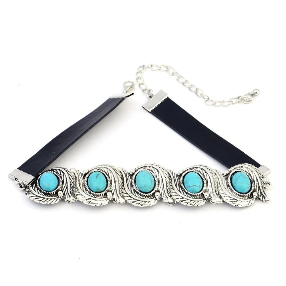 

2018 New design woman choker necklace Jewelry real stones Leather Bohemia style Collar Choker antic silver necklace wholesale