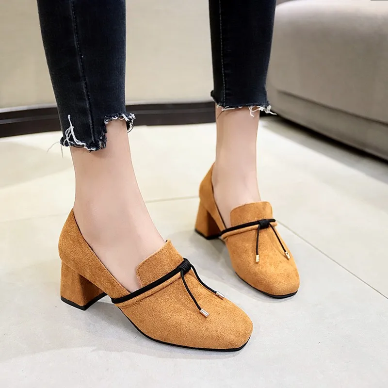 Comfortable office women shoes summer suede 2019 new square toe genuine leather medium heel solid shallow size40 | Обувь