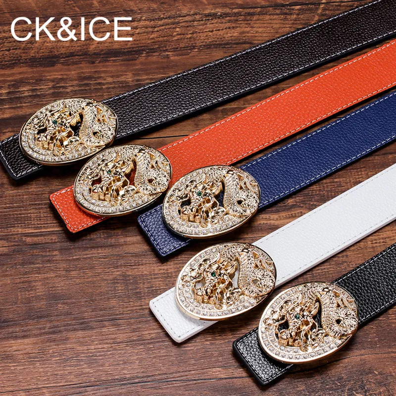 CK&ampICE Casual belt men women fancy vintage Chinese Dragon Cowskin Waistband smooth button Waist Strap luxury genuine leather |