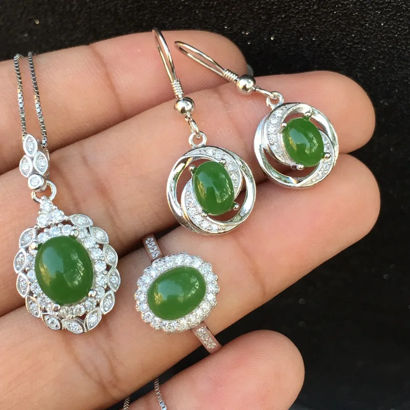 MeiBaPJ Classic Natural Nephrite Jade Gemstone Jewelry Set 925 Sterling Silver 3 Siut Fine for Women | Украшения и аксессуары