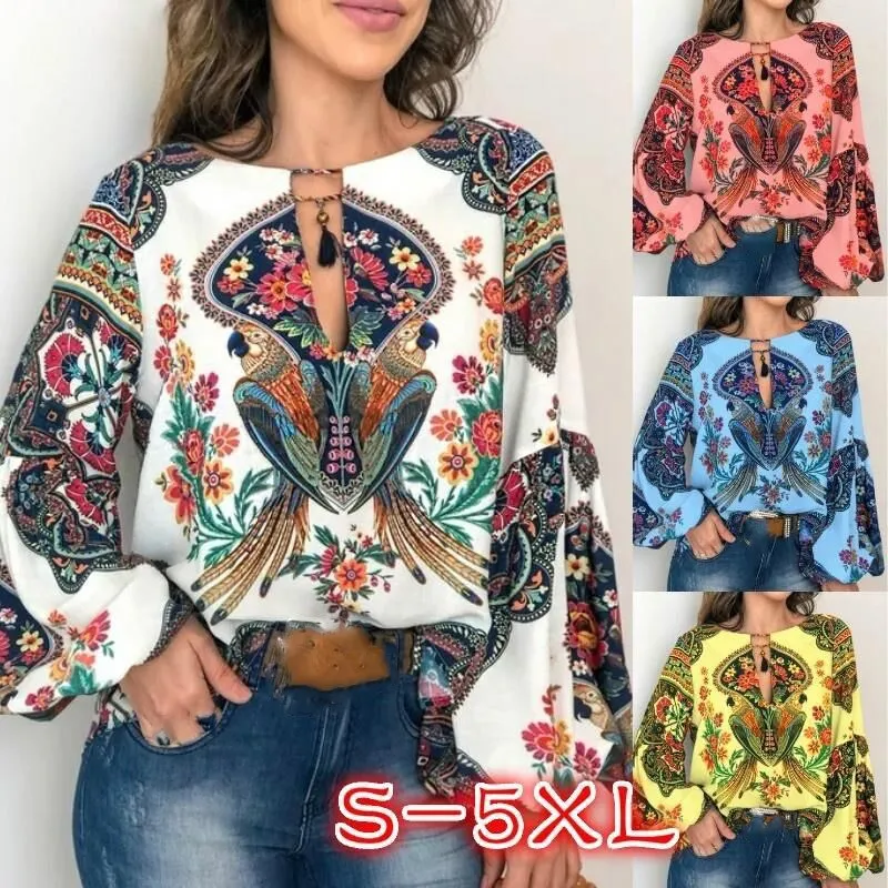 2019 Autumn Women O-Neck Floral Shirt Print Casual Lace-Up Loose Blouse Ladies Lantern Sleeve Boho Tops | Женская одежда