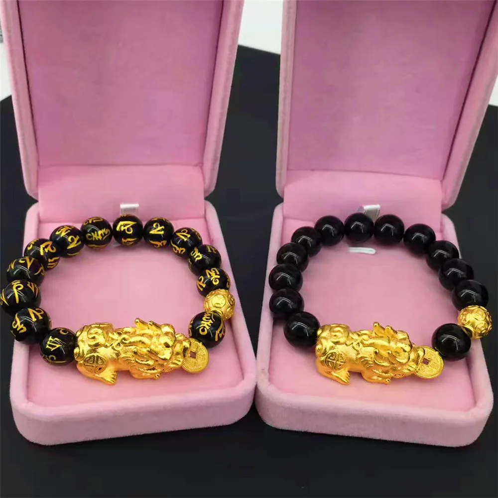 New Style Vietnamese Sand Gold Pixiu Coin Charm Bracelet Natural Six Words Black Onyx Beaded Bracelet for Fashion Men Wholesale