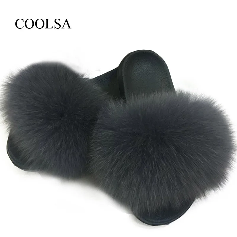 Deep Grey COOLSA/женские плюшевые тапочки из лисьего меха; женские зимние теплые тапочки; женские пушистые тапочки на меху; женские пушистые ползунки - Цвет: Deep Grey