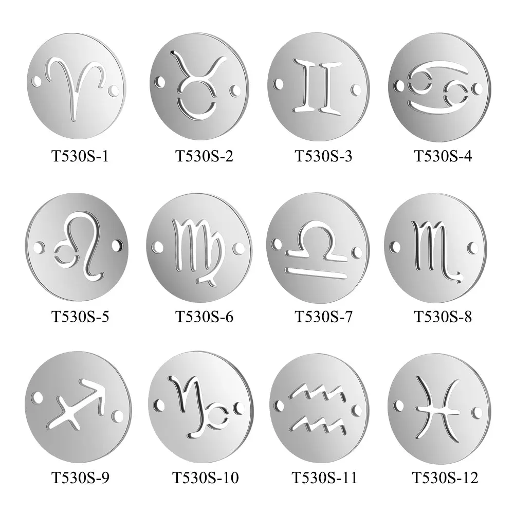 

12pcs/Lot Stainless Steel Round Whole Twelve Zodiac DIY Constellation Two Holes Connectors Charms Jewerly Making Accessories