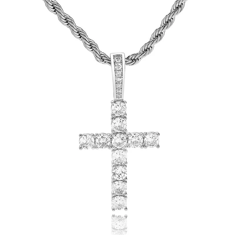 S925 Sterling Silver Prong Setting AAA CZ Stone Bling Ice Out Cross Pendants Necklaces Women Men Hip Hop Rapper Jewelry - Окраска металла: Silver
