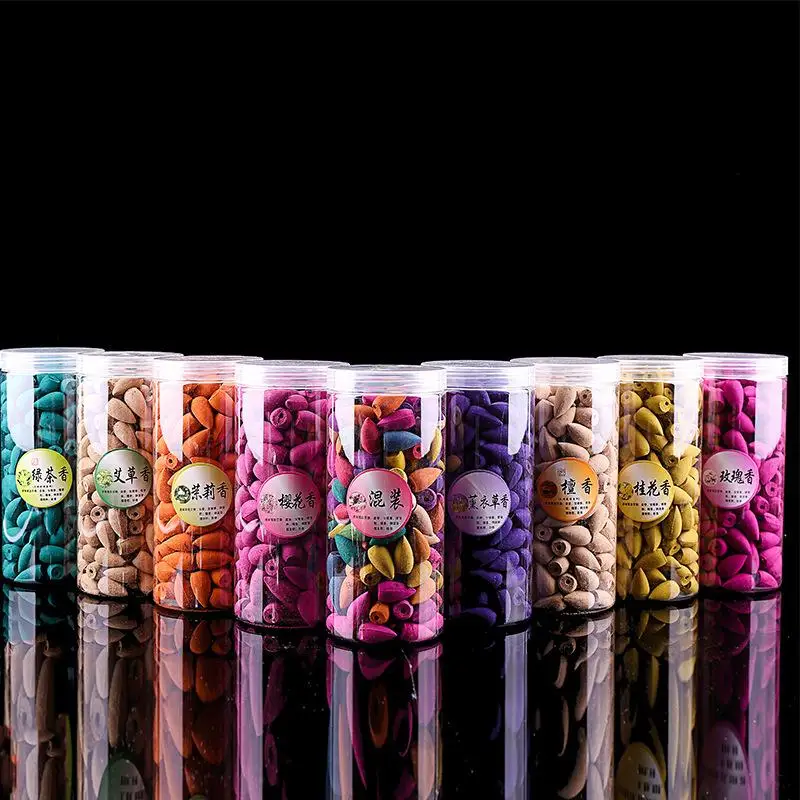 

200pcs/Box Tower Incense Clear Bottle Package Flavor Natural Smoke Backflow Incense Cones Hollow Cone Incense Sandalwood Rose