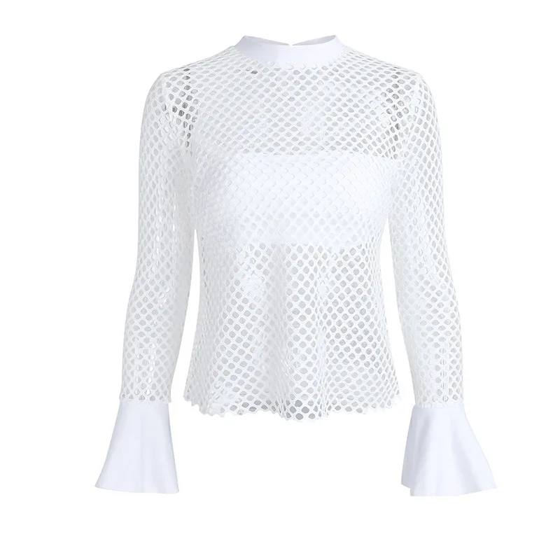 

2017 Chic ladies Perspective Women White Net Grid O-Neck Flare Sleeve Tops