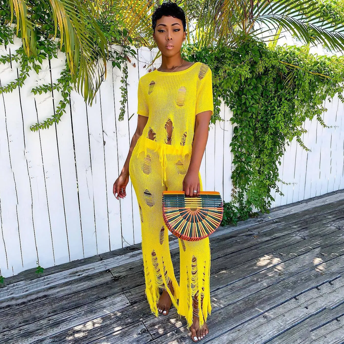 Желтый полый вязаный комплект из двух предметов повседневный спортивный костюм