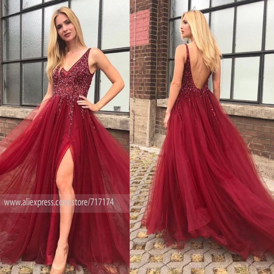 

V-neck Neckline Sleeveless A-line Side Split Prom Dress with Beading Lace Applique Sweep Train Sexy V-back Illusion Tulle Party