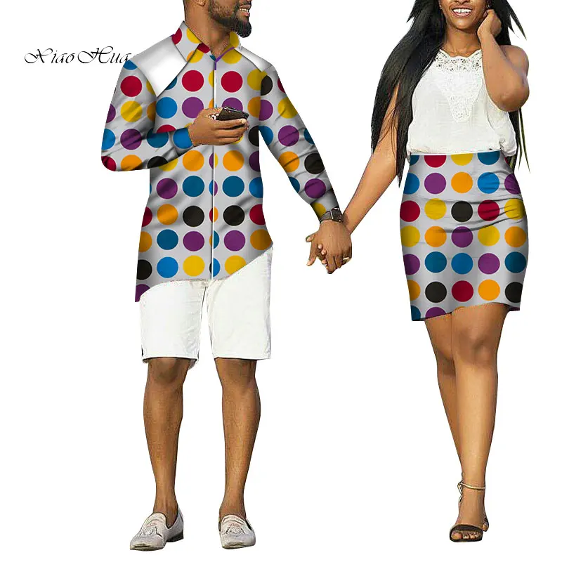 Summer Lovers Couple African Clothes Gift Valentine' Day Long Sleeve Mens Shirt Coat and Women Skirt Causal Set Plus Size WYQ190