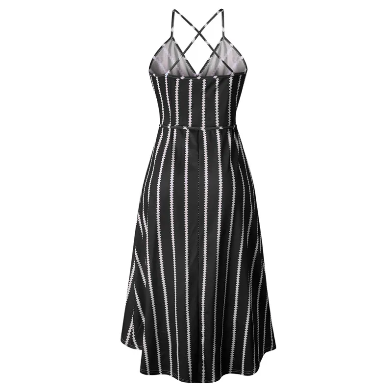 Bohemian V-Neck Split High Waist Asymmetrical Strap Sexy Striped Party Dresses Casual Beach Summer Dress Women VestidosO90 | Женская
