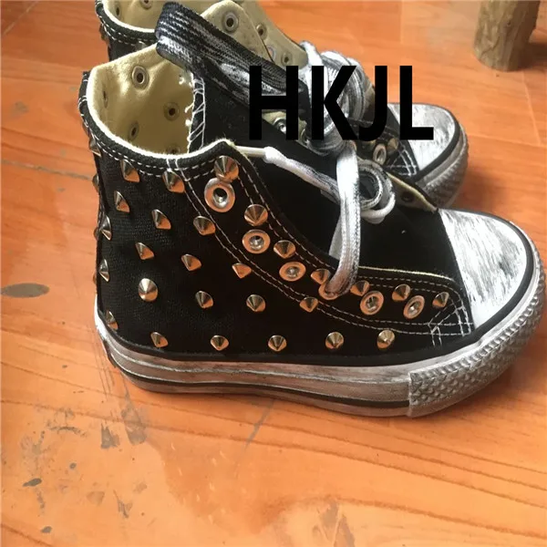 HKJL/Новинка года; сезон весна; классические парусиновые туфли ручной работы с высоким берцем и заклепками; модные туфли на плоской подошве в стиле унисекс; большие размеры