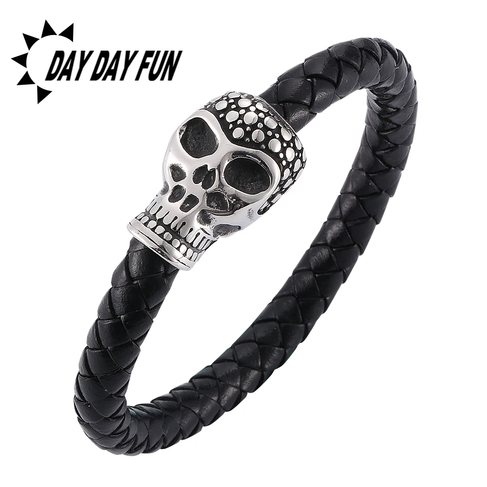 Fashion Jewelry Black Braided Leather Bracelets Men Stainless Steel Leahter Cool Skull Bracelet E0062 | Украшения и аксессуары