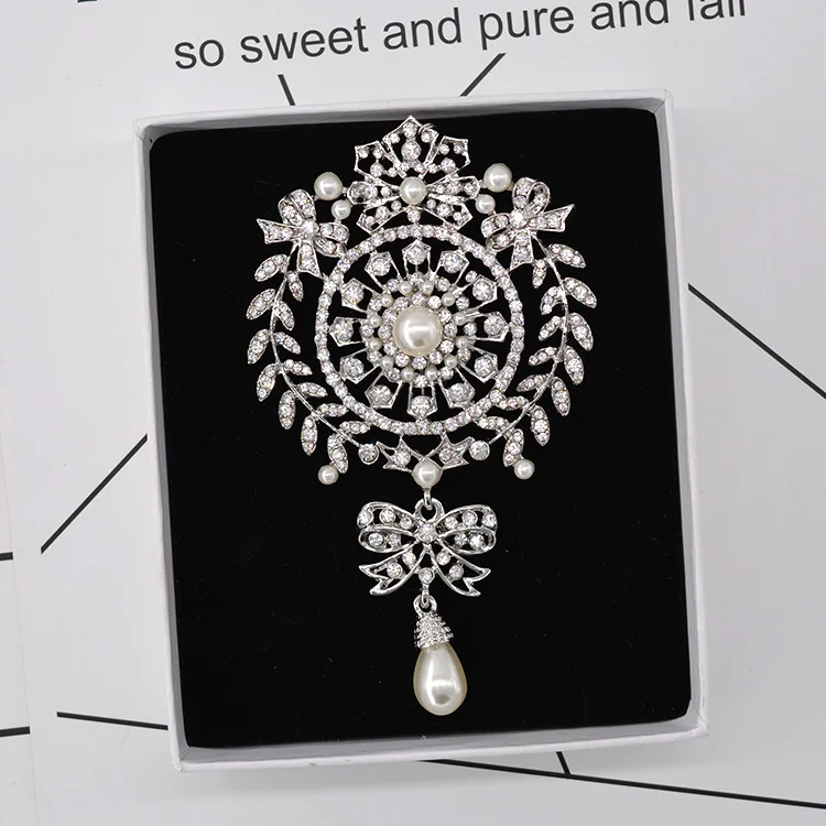 Винтаж Кристалл Pin Броши для Для женщин серебро Перл Pins Большой Свадебный Брошь