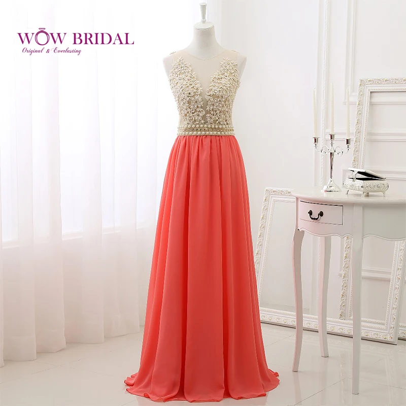 

Wowbridal Graceful Prom Dress 2021 V-Neck Crystal Embroidery Beaded Pearls Illusion Back with Sash Chiffon Long Party Gown