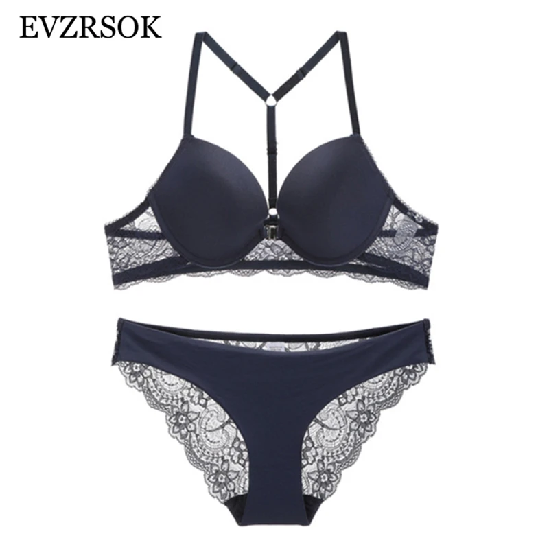 Women Black Lace Bra Panties Set Push Up Brassiere 3/4 Cup Thick Cotton Underwear Front Closure Bras Sexy Lingerie Blue | Женская одежда