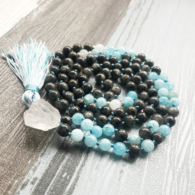 Бусины Из Лабрадорита мала 108 ожерелье из голубого камня Mala с узлом и кисточкой