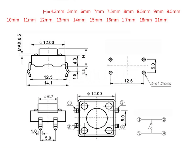 

50Pcs/Lot 12*12*13mm 12x12x13MM Touch Button Micro Switch Direct Plug-in Self-reset 12*12*13 keys button DIP 4PIN 12*12*13