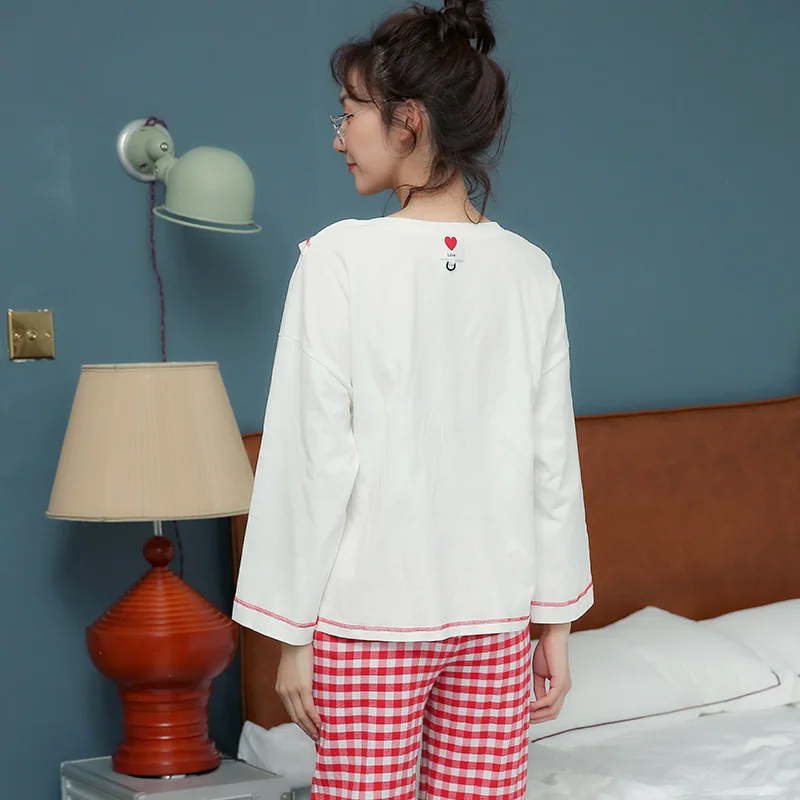 

Women Pijama Mujer Cotton Pajamas Autumn Long Sleeve Thin Leisure Plaid Sweet Loose Sleepwear Sexy Pijama Full Length Pajama