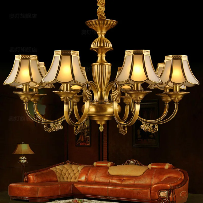 Роскошная медная люстра Европейский медный стеклянный подвесной светильник