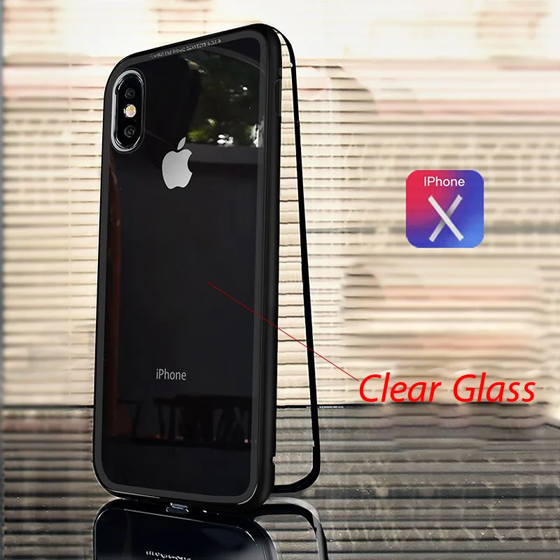 Металлический Чехол-бампер для iPhone X, чехол из прозрачного закаленного стекла, магнитная откидная крышка для iPhone XR 7 8, металлический чехол, роскошный противоударный - Цвет: black clear