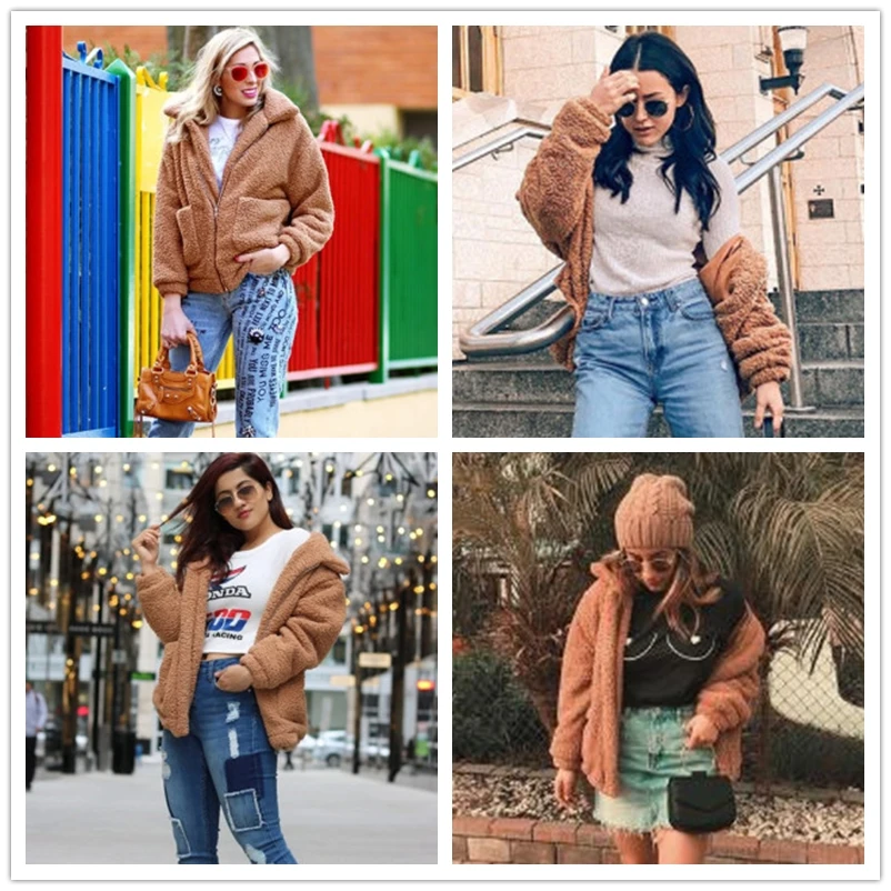 Dotfashion куртка с двойным карманом из искусственного меха цвета хаки Женская осенне-зимняя новая стильная куртка на молнии с воротником и длинным рукавом элегантное пальто из акрила