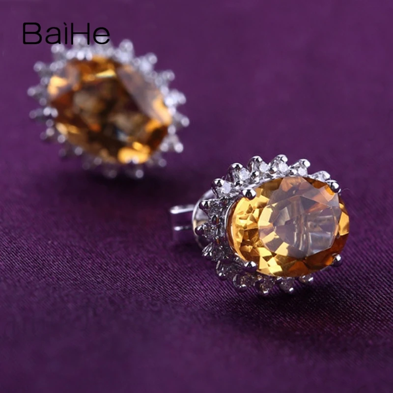 Серьги гвоздики BAIHE из белого золота с натуральным цитрином 14 к 5 х7 мм|stud earrings|citrine