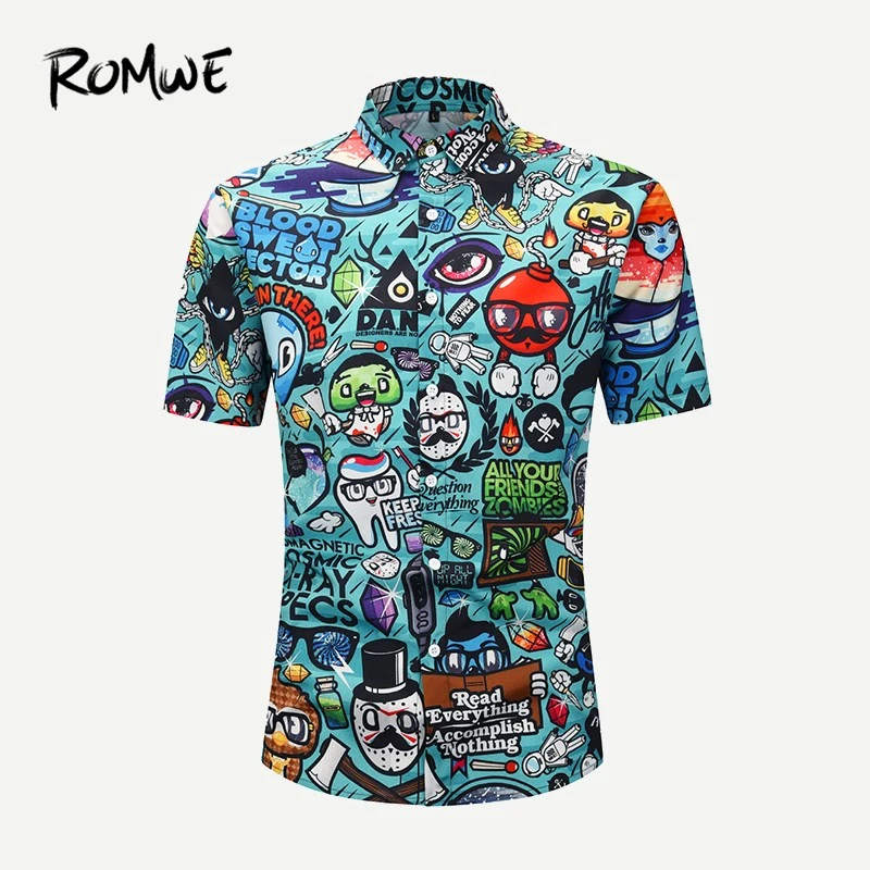 ROMWE Guys/рубашка с рисунком из мультфильма повседневные мужские Потрясающие рубашки с короткими рукавами новые стильные летние мужские тонкие блузки