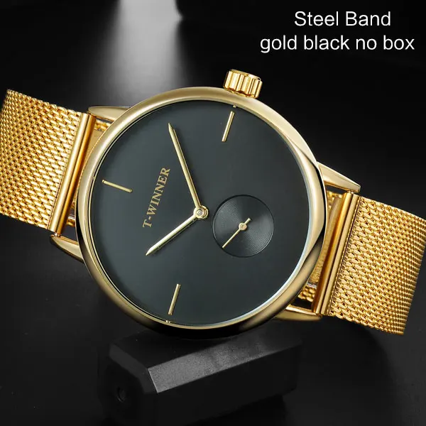 G gold black T-WINNER, мужские механические часы, победитель, Лидирующий бренд, ручная работа, нержавеющая сталь, кожаный ремешок, Forsining, простые мужские водонепроницаемые часы - Цвет: G gold black