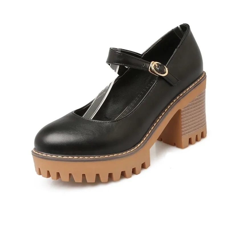 Pumps Spring and autumn The New fashion Round head Shallow mouth Buckle Thick heel High Women's shoes plus size 33-43 | Обувь