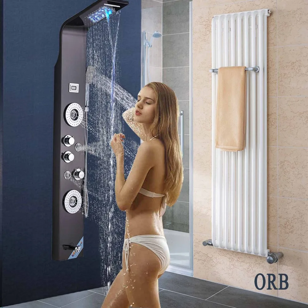 Brushed Nickel Thermostatic Shower Panel Column LED rain waterfall Shower Faucet 4 Massage jets with Tub Spout and Hand Shower