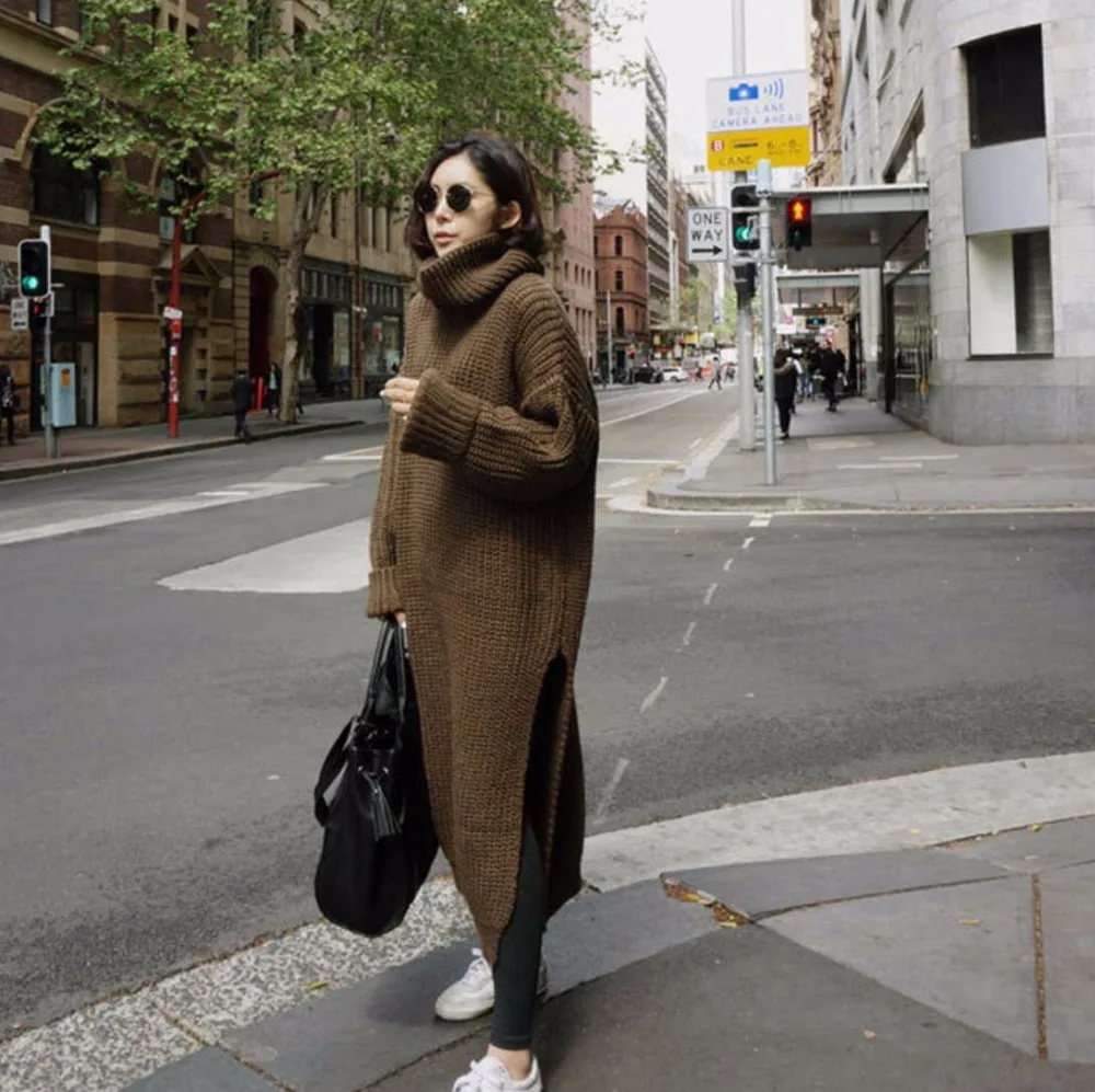 Loose turtleneck wool knitted dress long thick split backing sweater | Женская одежда