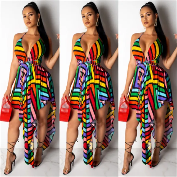 

Women Summer Boho Dress Party Beach Dresses Sundress Ladies V-neck Halter Colorful Backless Bandage Fashion Summer Dress